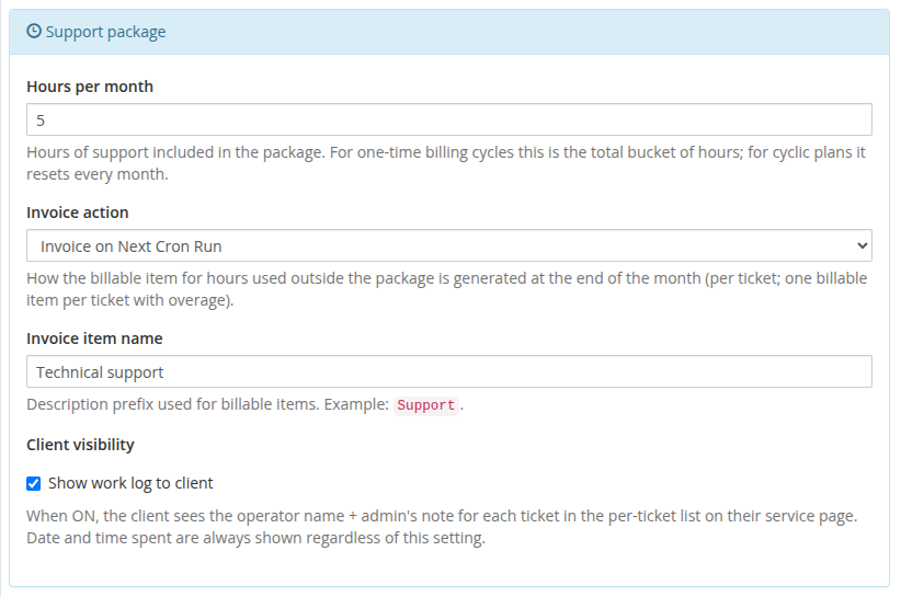 Support package settings