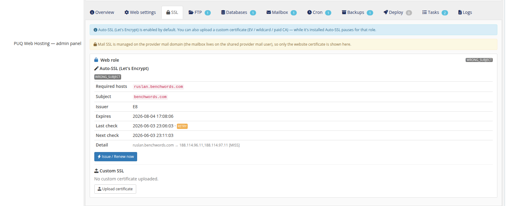 Admin — vanity SSL