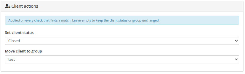 Client actions — status change and group move