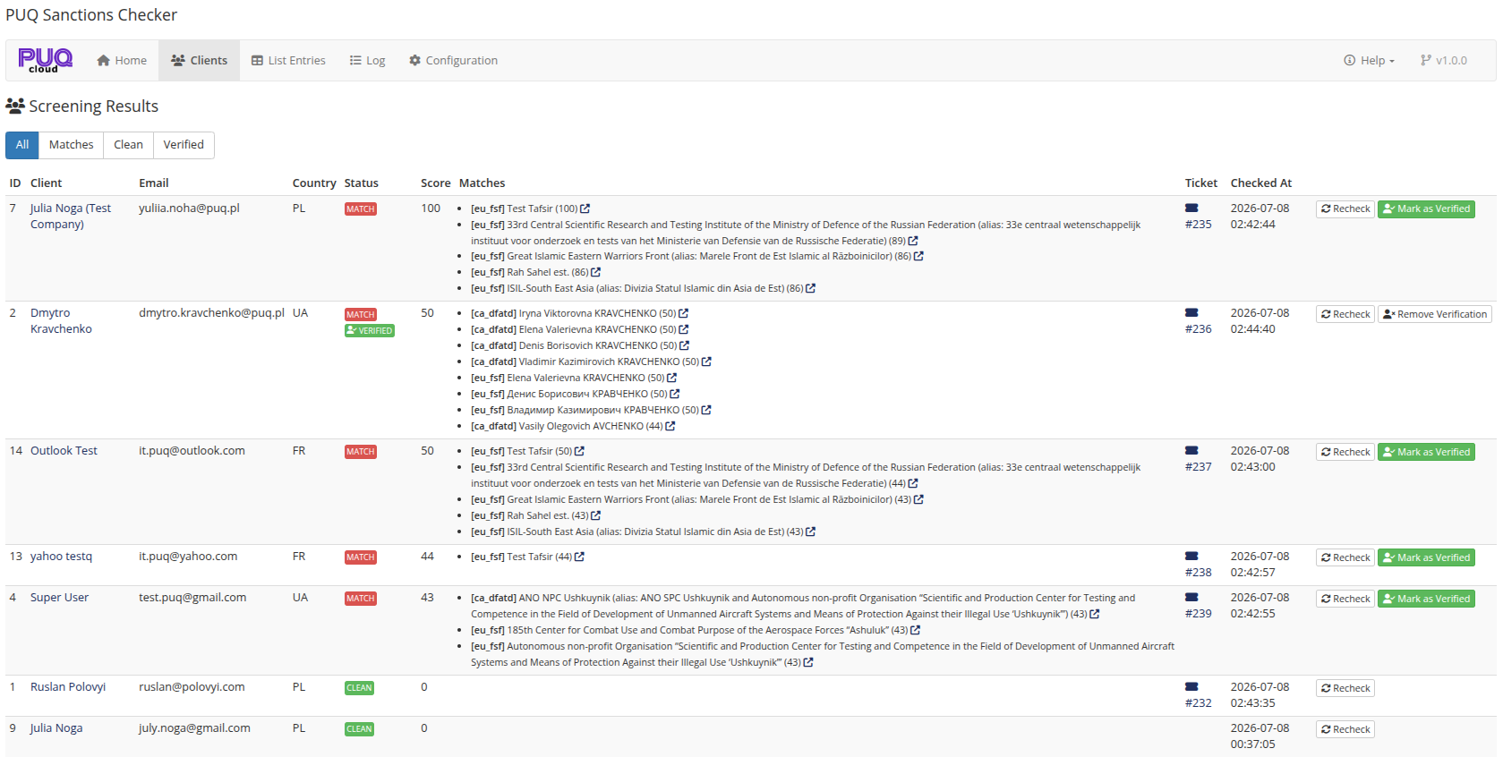 Screening results — filters, match details with OpenSanctions links, tickets, verification