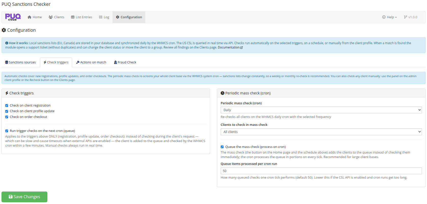 Check triggers tab — triggers, queue, periodic mass check