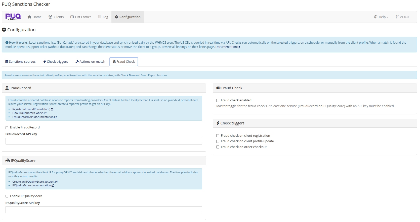 Fraud Check tab — services, master toggle, triggers