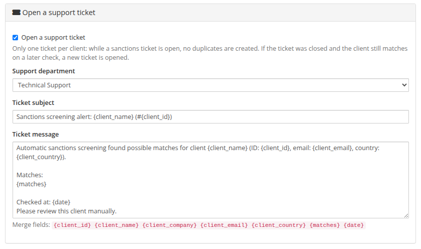 Ticket settings — department, subject, message with merge fields