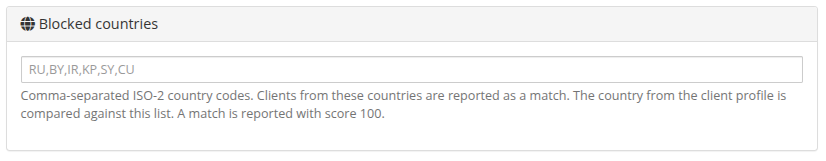 Blocked countries — comma-separated ISO-2 codes