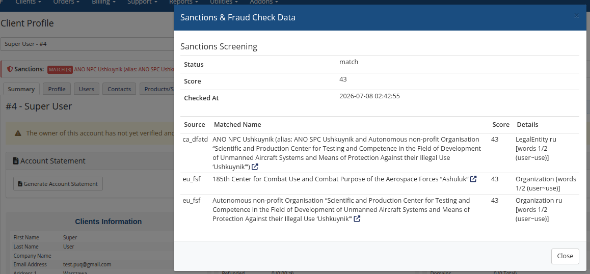 View All Data — status, score, and every match with an OpenSanctions link