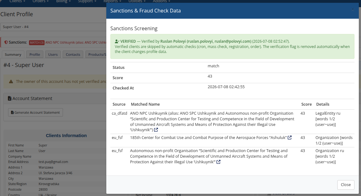 View All Data on a verified client — who verified, when, and what it means