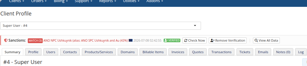Client profile — VERIFIED badge next to the match state