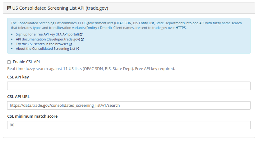CSL API — key, endpoint, minimum score