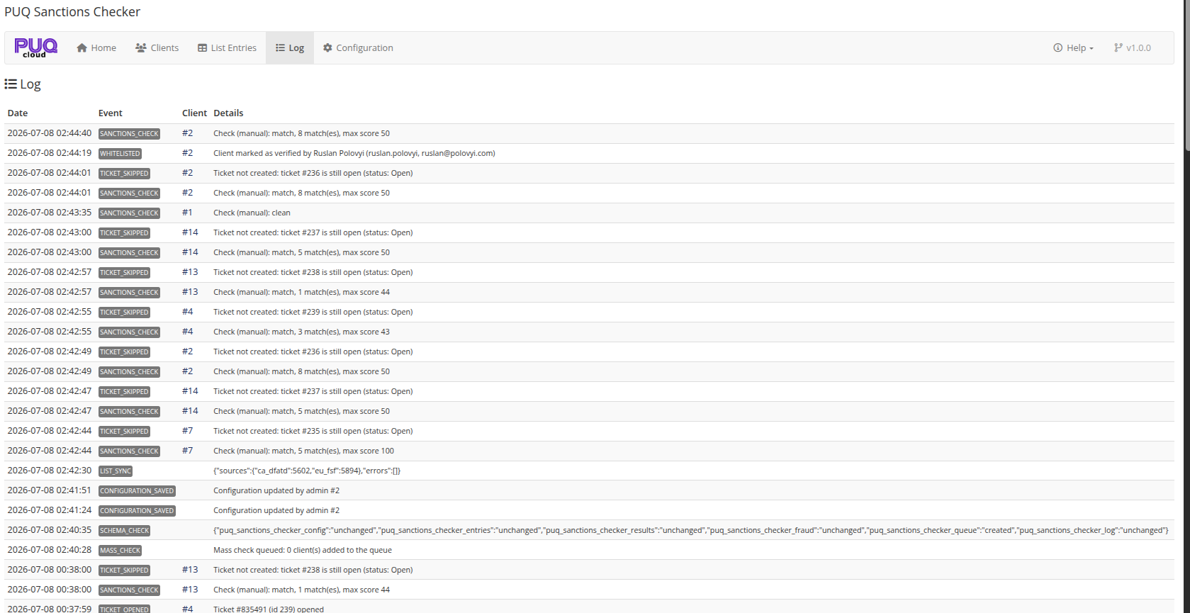Log — checks, tickets, verification, synchronization, queue