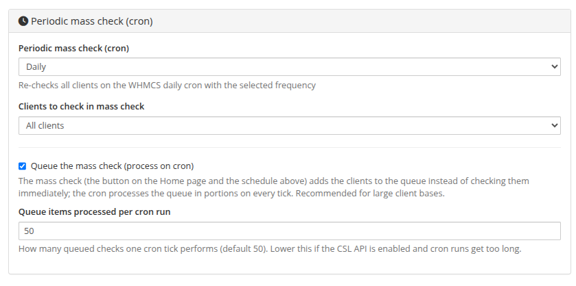 Periodic mass check — frequency, scope, queue, batch size