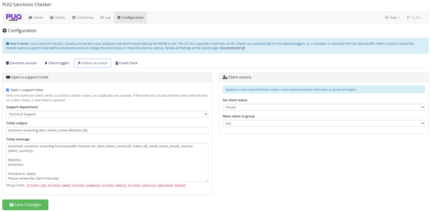 Actions on match tab — ticket settings and client actions