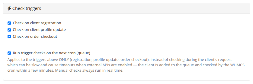 Triggers — registration, profile update, checkout, and the queue toggle