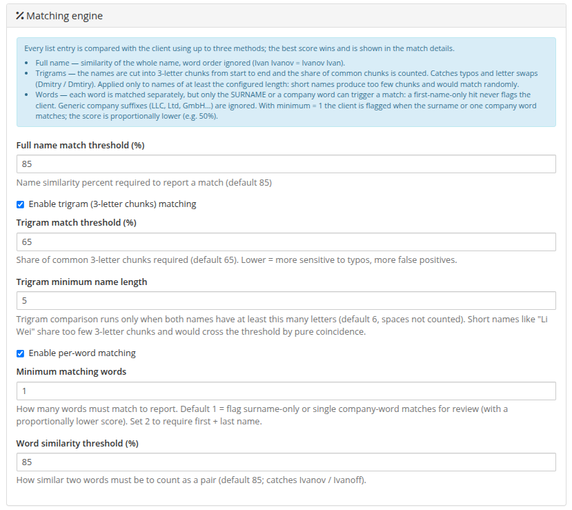 Matching engine — thresholds for the three matching methods