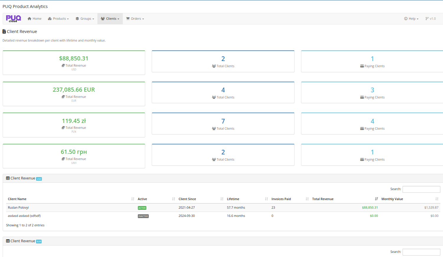 Client Revenue — revenue summary per currency and detailed client table
