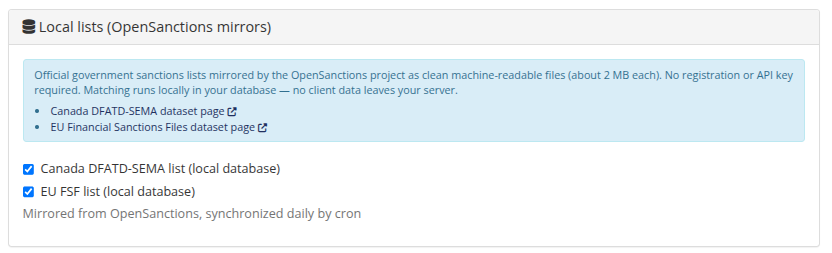 Local lists — Canada DFATD-SEMA and EU FSF toggles