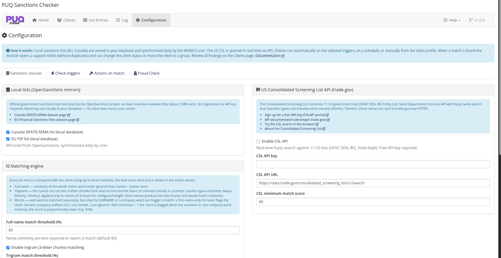 Sanctions sources tab — local lists, matching engine, CSL API, blocked countries