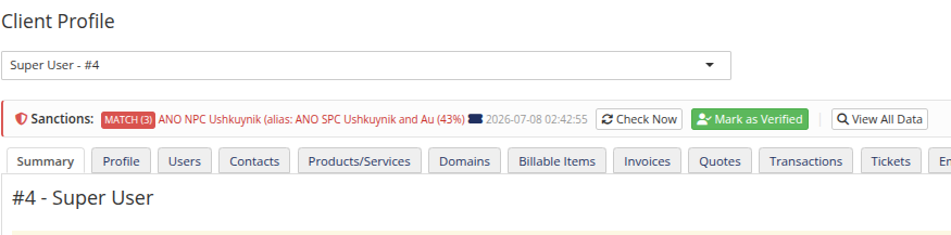 Client profile — MATCH badge with the best match, Check Now, Mark as Verified, View All Data