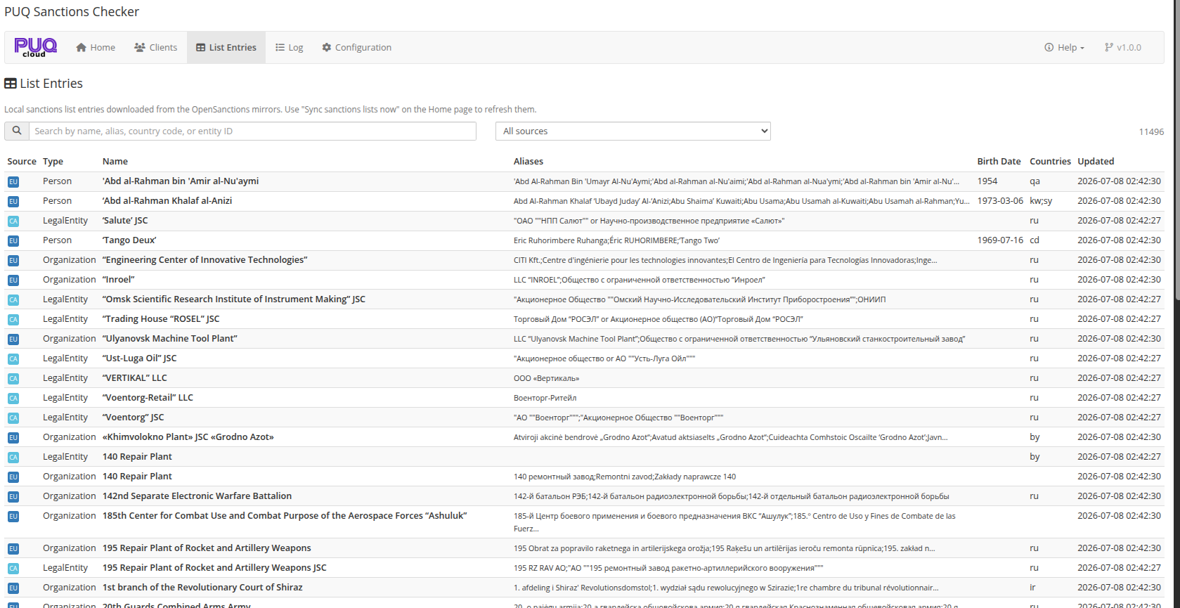 List Entries — live search, source filter, pagination