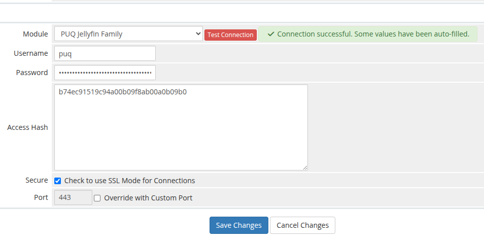 Server Details — PUQ Jellyfin Family module + Test Connection