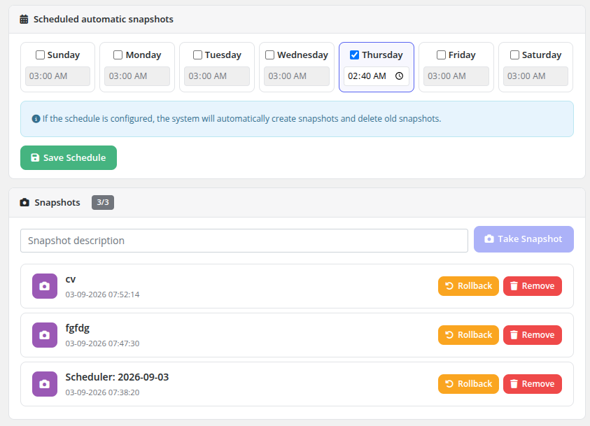 Snapshots management and schedule in client area