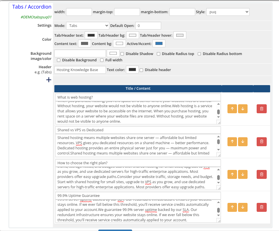 Tabs / Accordion widget admin settings