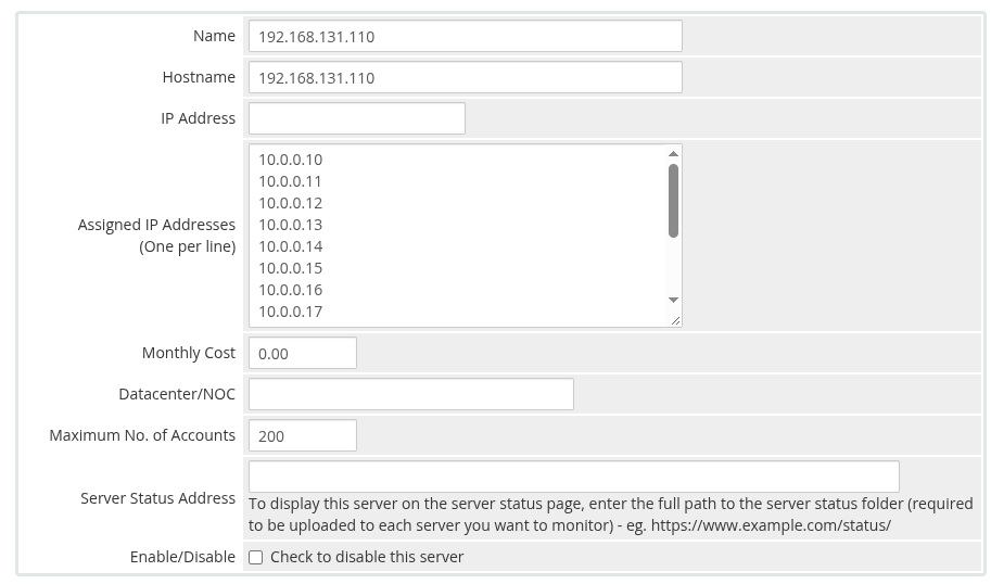 Add server - general settings