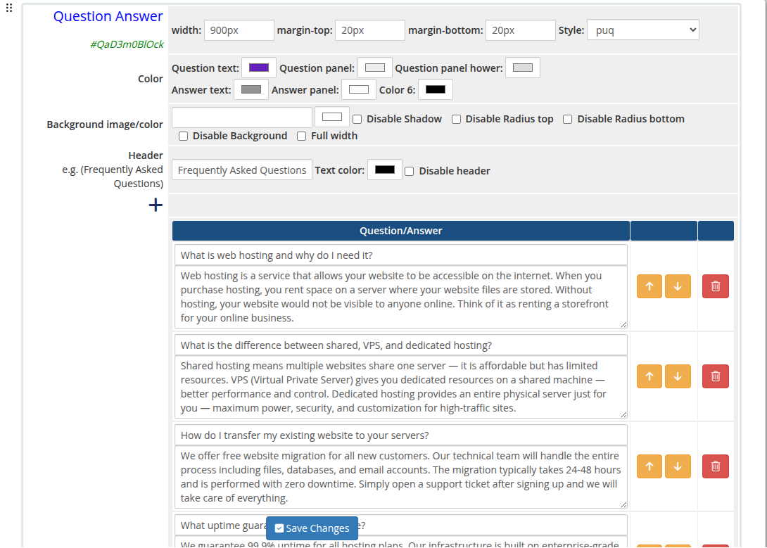 Question Answer widget in the page editor