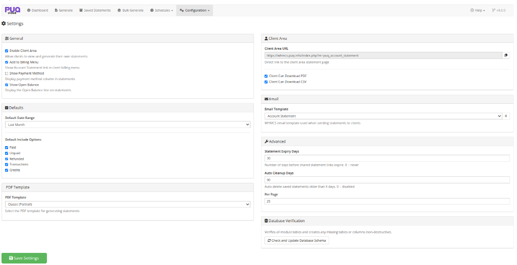 Settings — general, defaults, client area, email, and advanced options