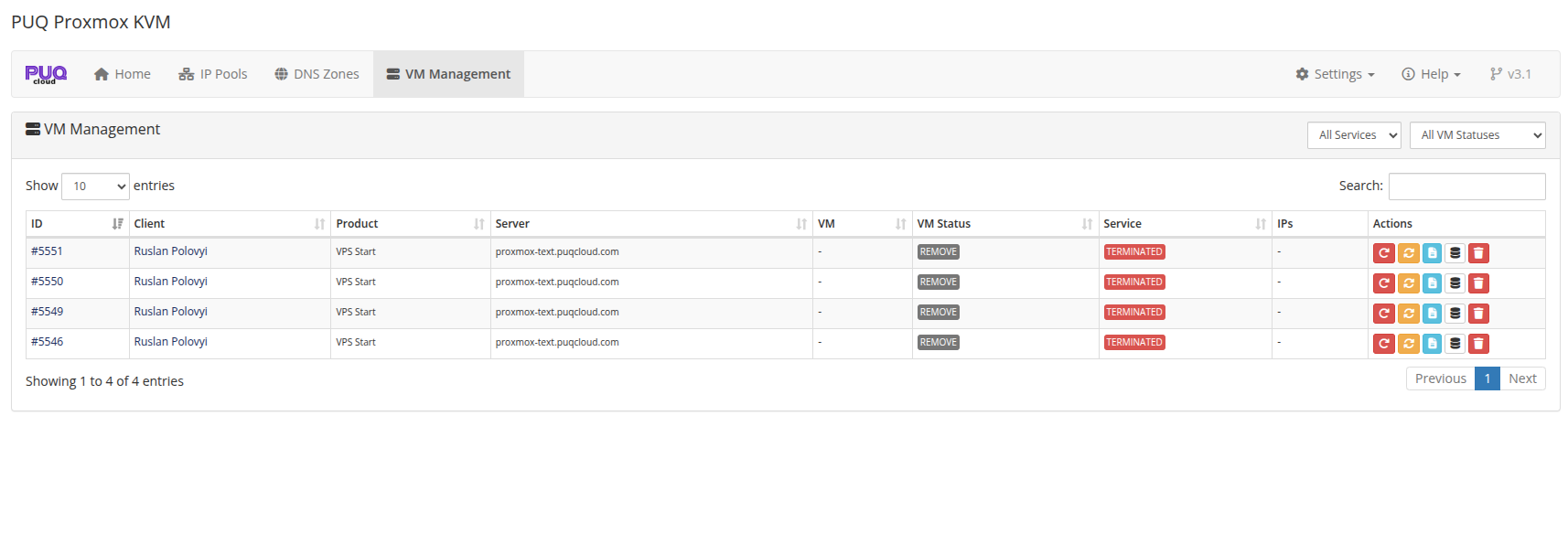 VM Management showing terminated services