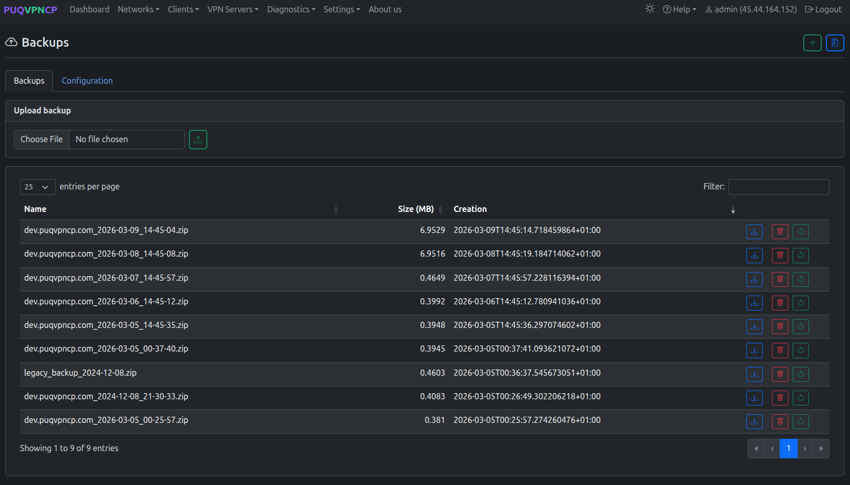 Backups list