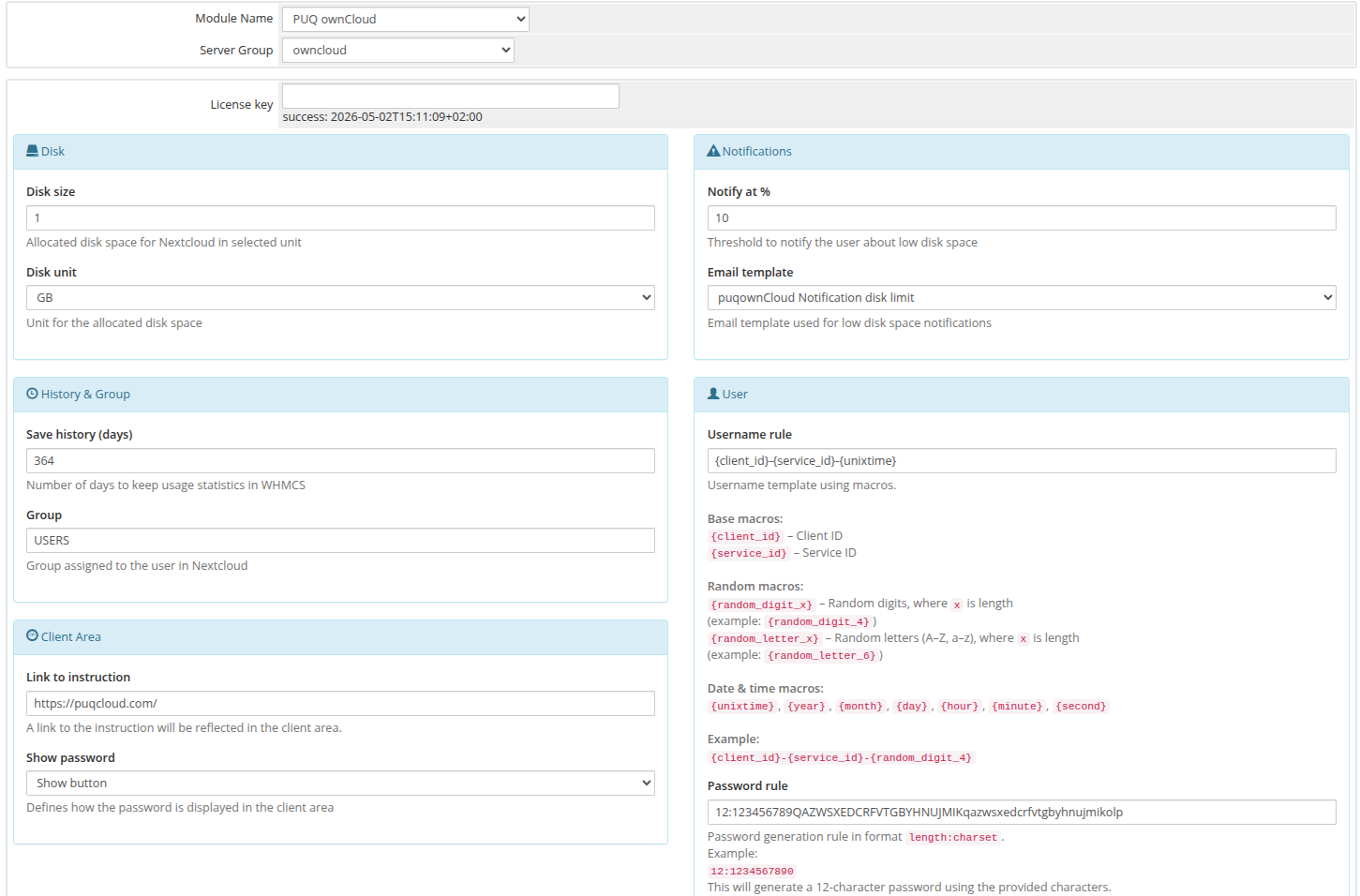 WHMCS product module settings