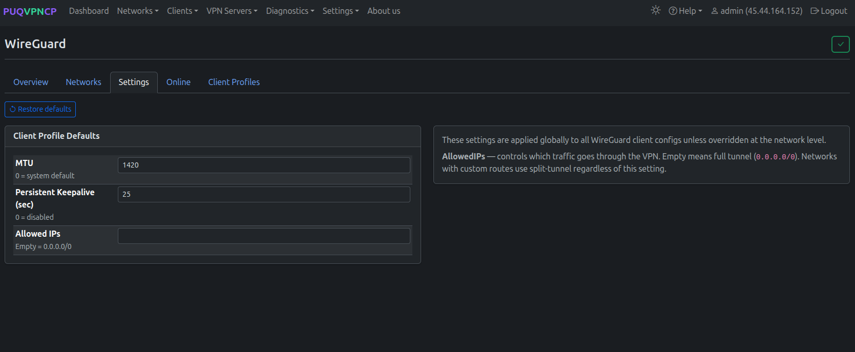 WireGuard settings