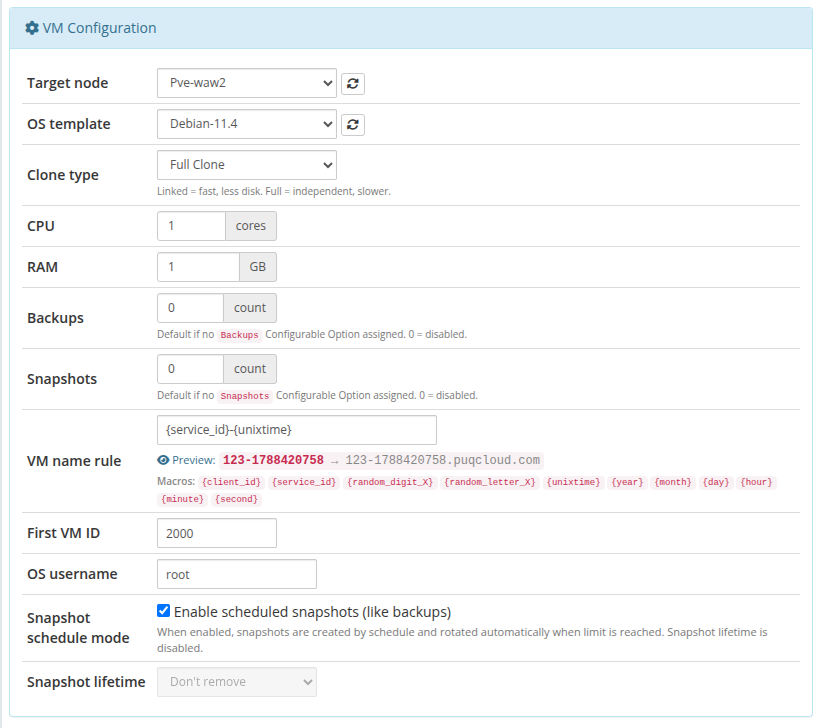 VM Configuration section