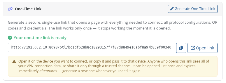 One-Time Link generated