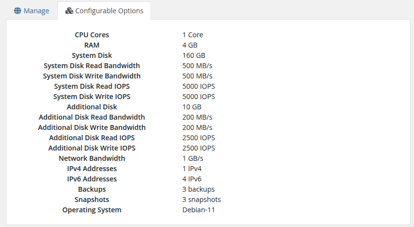 Service Configurable Options tab