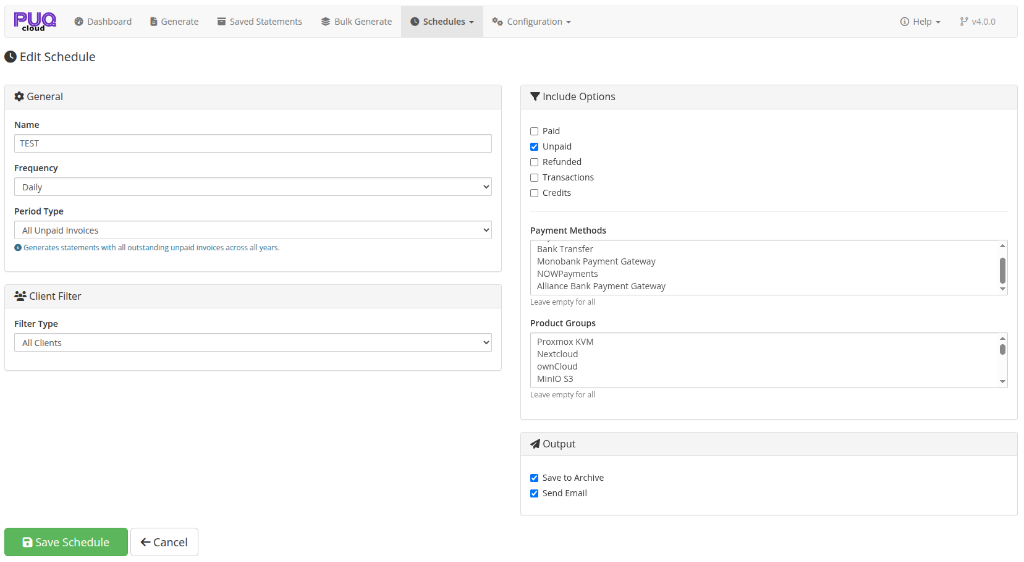 Schedule Editor — configure automated statement generation
