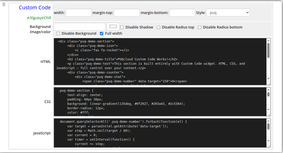 Custom Code widget admin settings