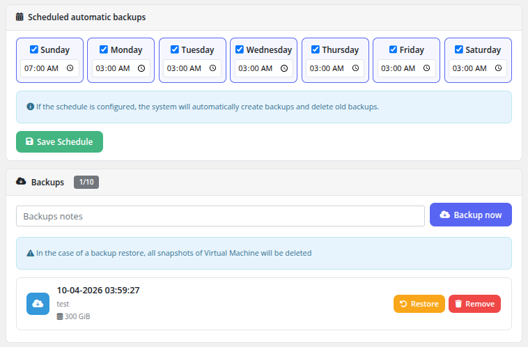 Backups page