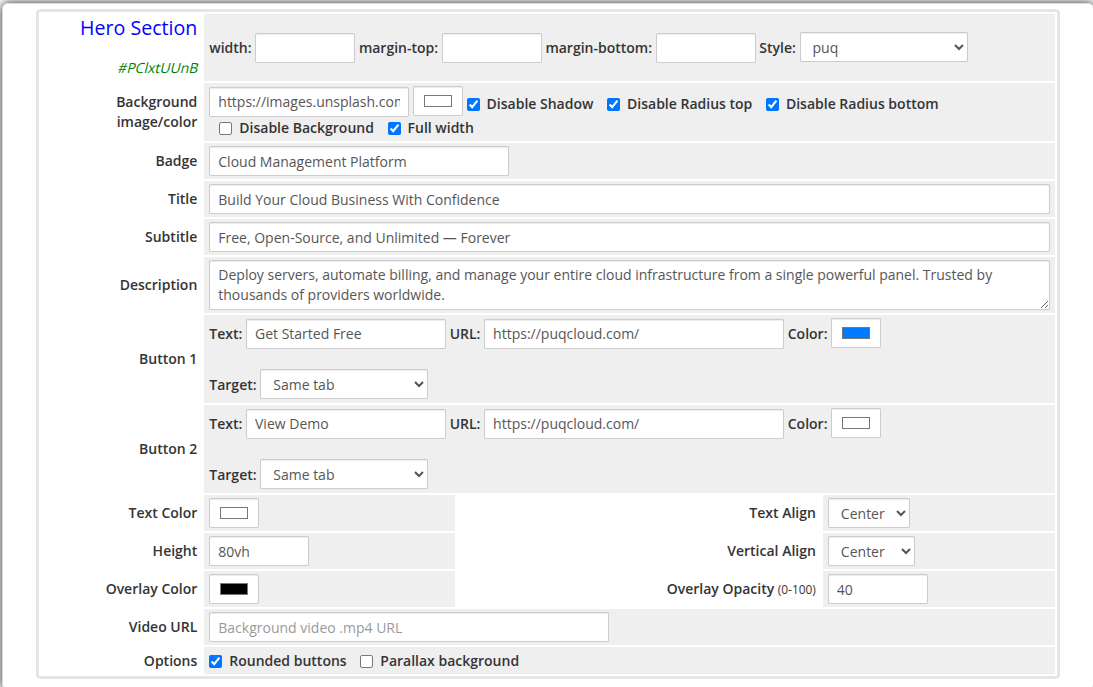 Hero Section widget admin settings