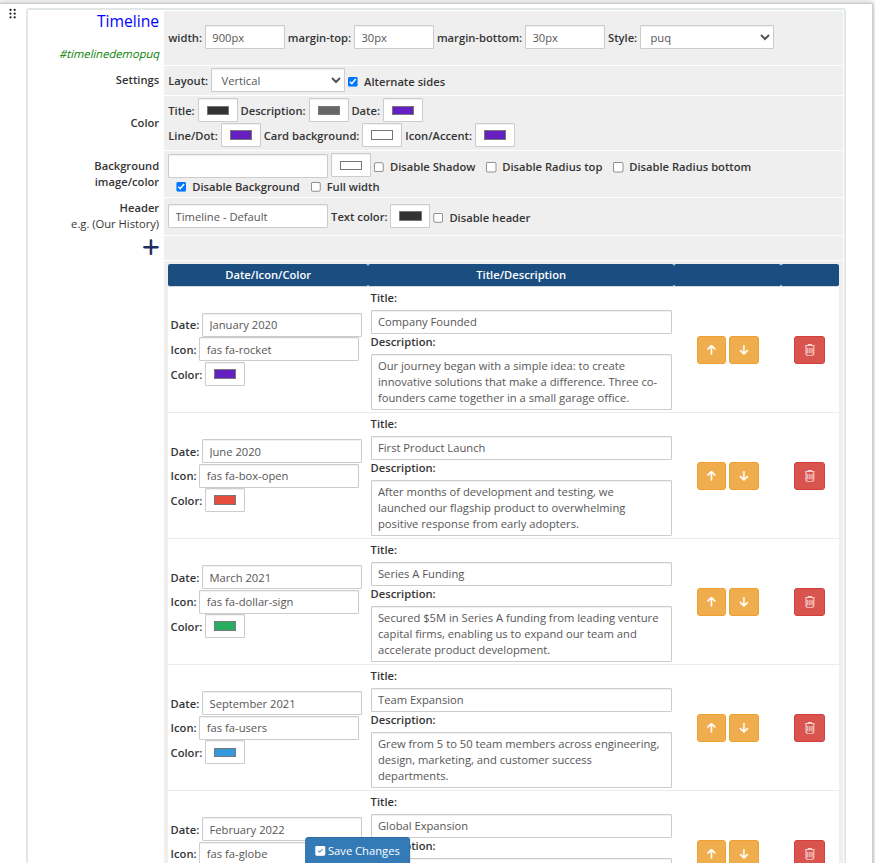 Timeline widget admin settings