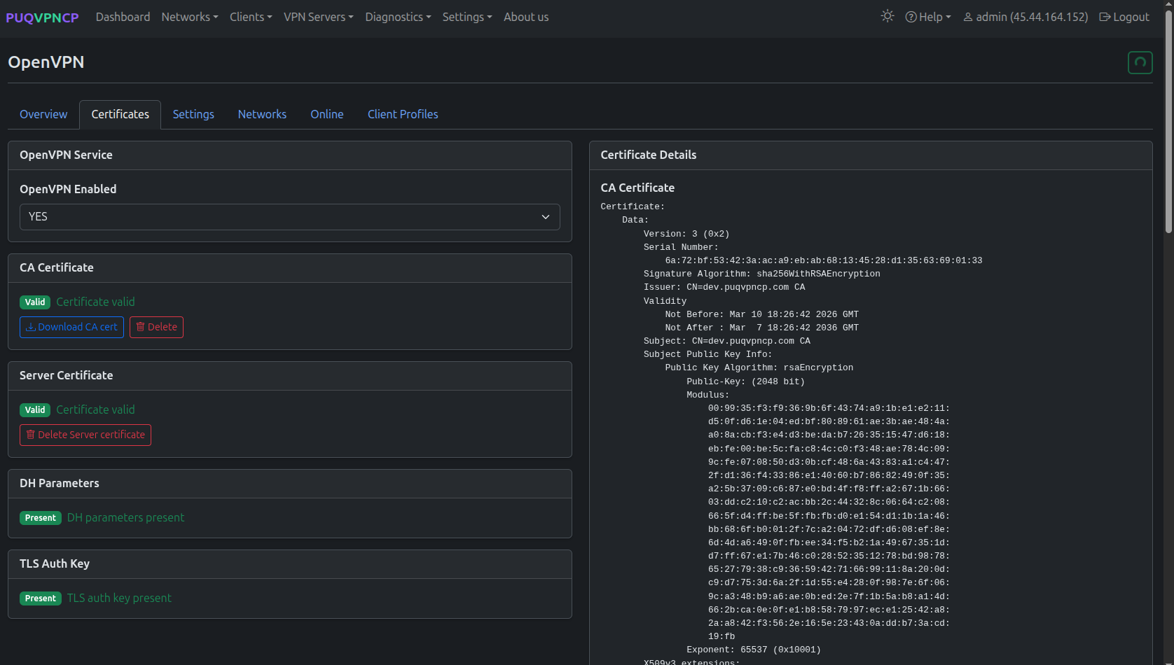Certificates — OpenVPN enabled