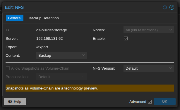 Proxmox NFS Add Dialog