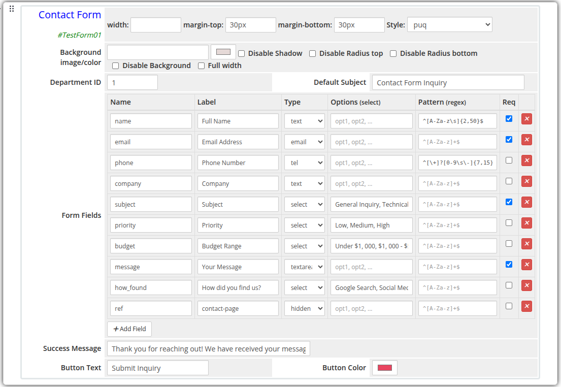 Contact Form widget admin settings