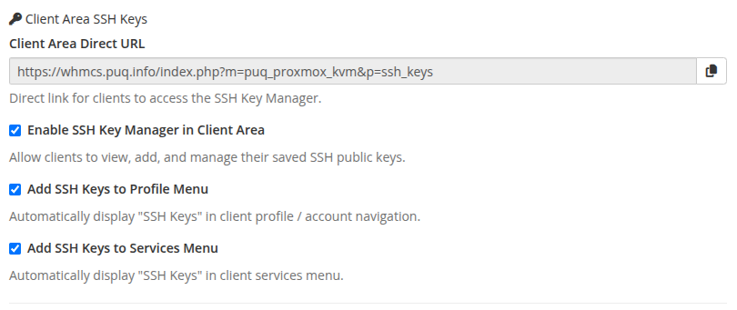 Client Area SSH Keys settings
