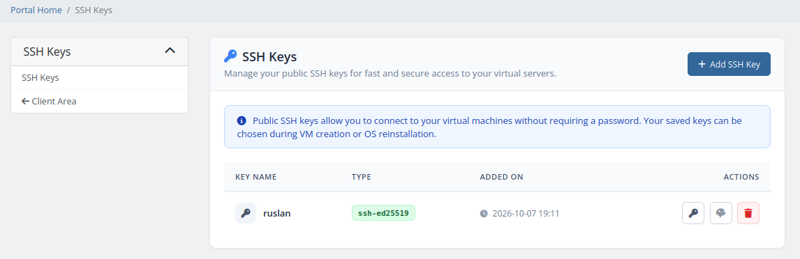 Client Area SSH Keys Page
