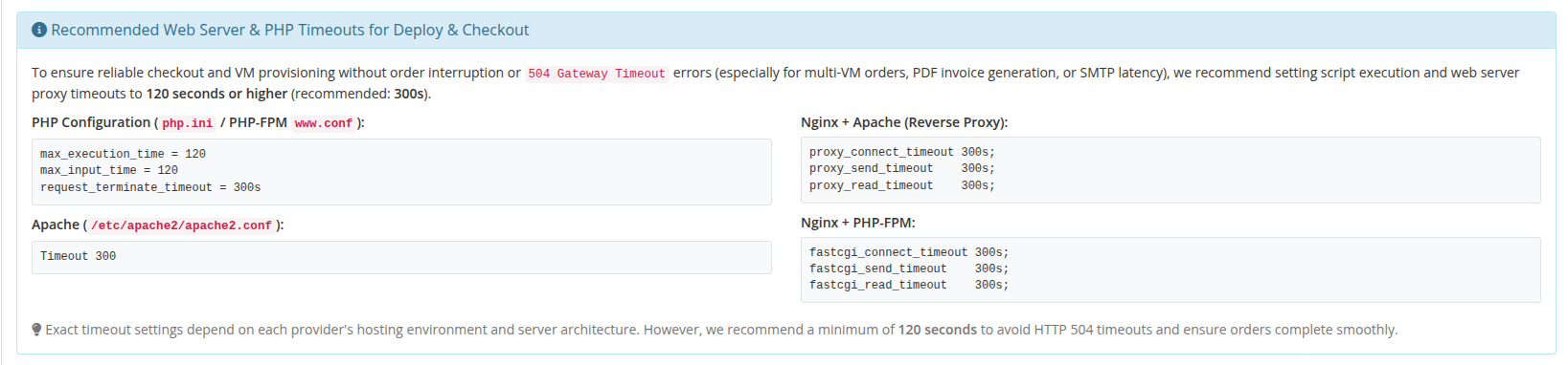 Recommended Web Server &amp; PHP Timeouts